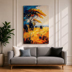 A vibrant impasto painting featuring a group of African elephants walking through tall golden grass under a large tree with colorful foliage. The textured brushstrokes emphasize the wildlife subject in a bold and dynamic style with rich blues, oranges, and yellows creating a striking natural scene.