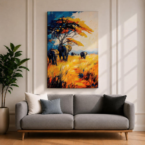 A vibrant impasto painting featuring a group of African elephants walking through tall golden grass under a large tree with colorful foliage. The textured brushstrokes emphasize the wildlife subject in a bold and dynamic style with rich blues, oranges, and yellows creating a striking natural scene.