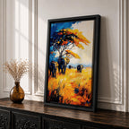 A vibrant impasto painting featuring a group of African elephants walking through tall golden grass under a large tree with colorful foliage. The textured brushstrokes emphasize the wildlife subject in a bold and dynamic style with rich blues, oranges, and yellows creating a striking natural scene.
