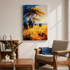 A vibrant impasto painting featuring a group of African elephants walking through tall golden grass under a large tree with colorful foliage. The textured brushstrokes emphasize the wildlife subject in a bold and dynamic style with rich blues, oranges, and yellows creating a striking natural scene.