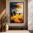 A vibrant impasto painting featuring a group of African elephants walking through tall golden grass under a large tree with colorful foliage. The textured brushstrokes emphasize the wildlife subject in a bold and dynamic style with rich blues, oranges, and yellows creating a striking natural scene.