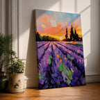 A vibrant impasto painting of a lavender field at sunset featuring thick textured brushstrokes in purple and green rows leading toward dark silhouetted trees under a colorful orange and pink sky, capturing a rustic landscape scene with expressive, bold strokes.
