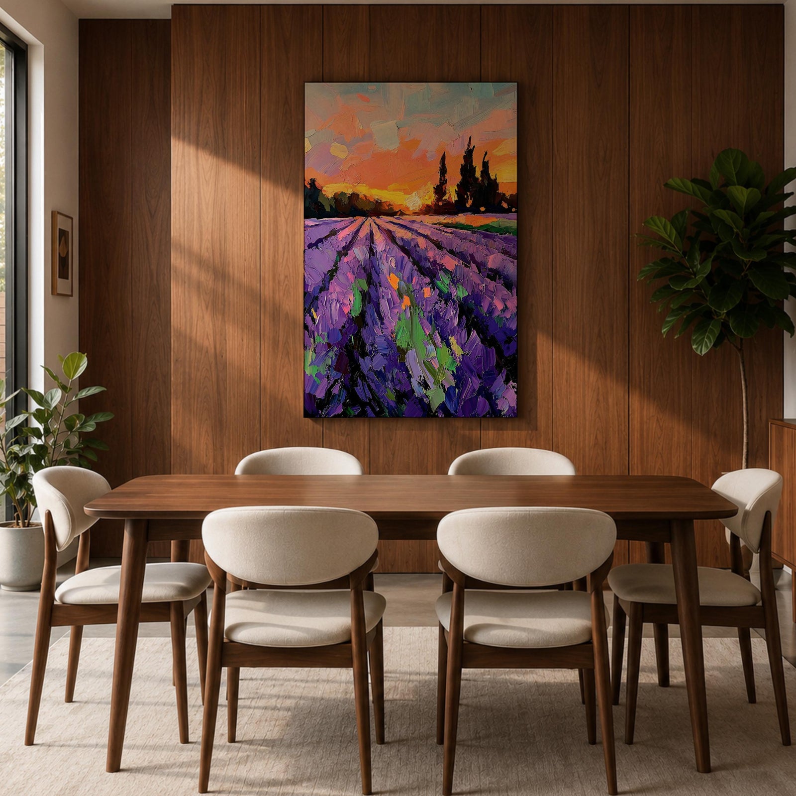 A vibrant impasto painting of a lavender field at sunset featuring thick textured brushstrokes in purple and green rows leading toward dark silhouetted trees under a colorful orange and pink sky, capturing a rustic landscape scene with expressive, bold strokes.