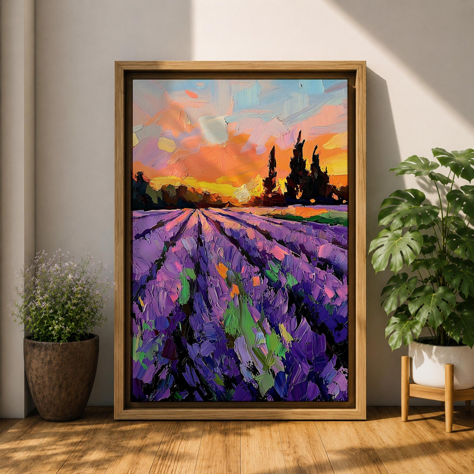 A vibrant impasto painting of a lavender field at sunset featuring thick textured brushstrokes in purple and green rows leading toward dark silhouetted trees under a colorful orange and pink sky, capturing a rustic landscape scene with expressive, bold strokes.