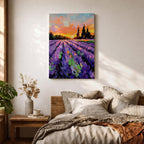 A vibrant impasto painting of a lavender field at sunset featuring thick textured brushstrokes in purple and green rows leading toward dark silhouetted trees under a colorful orange and pink sky, capturing a rustic landscape scene with expressive, bold strokes.