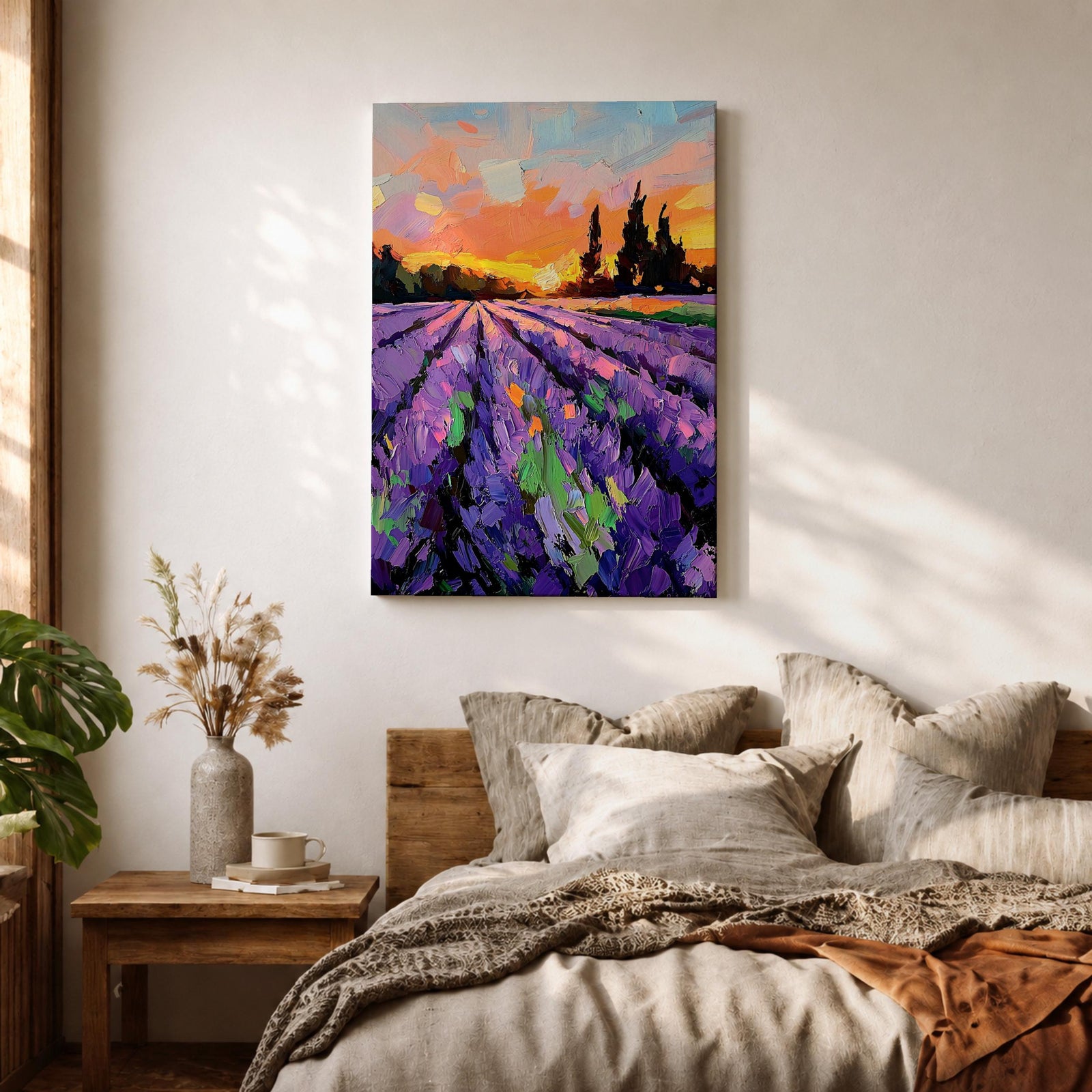 A vibrant impasto painting of a lavender field at sunset featuring thick textured brushstrokes in purple and green rows leading toward dark silhouetted trees under a colorful orange and pink sky, capturing a rustic landscape scene with expressive, bold strokes.