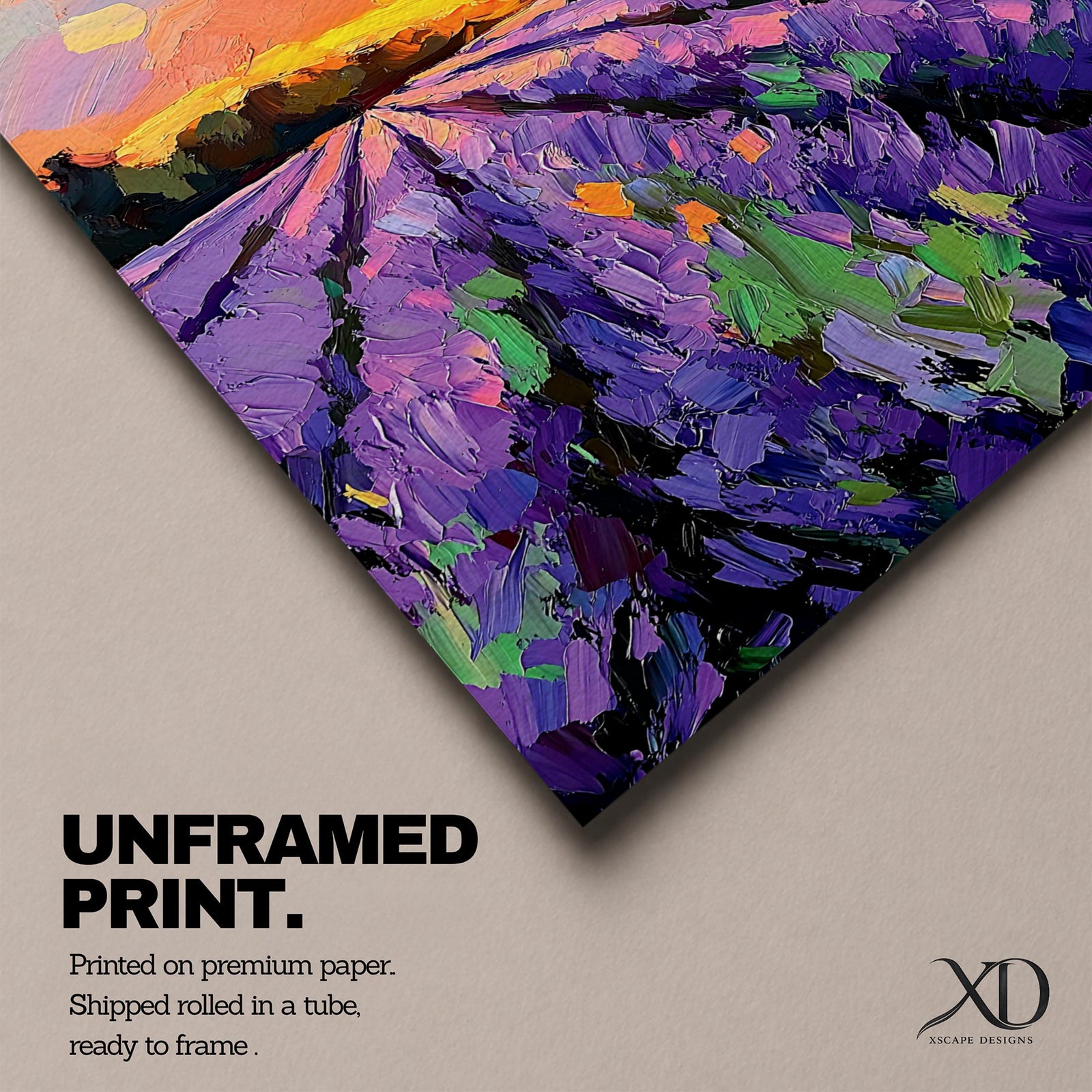 A vibrant impasto painting of a lavender field at sunset featuring thick textured brushstrokes in purple and green rows leading toward dark silhouetted trees under a colorful orange and pink sky, capturing a rustic landscape scene with expressive, bold strokes.