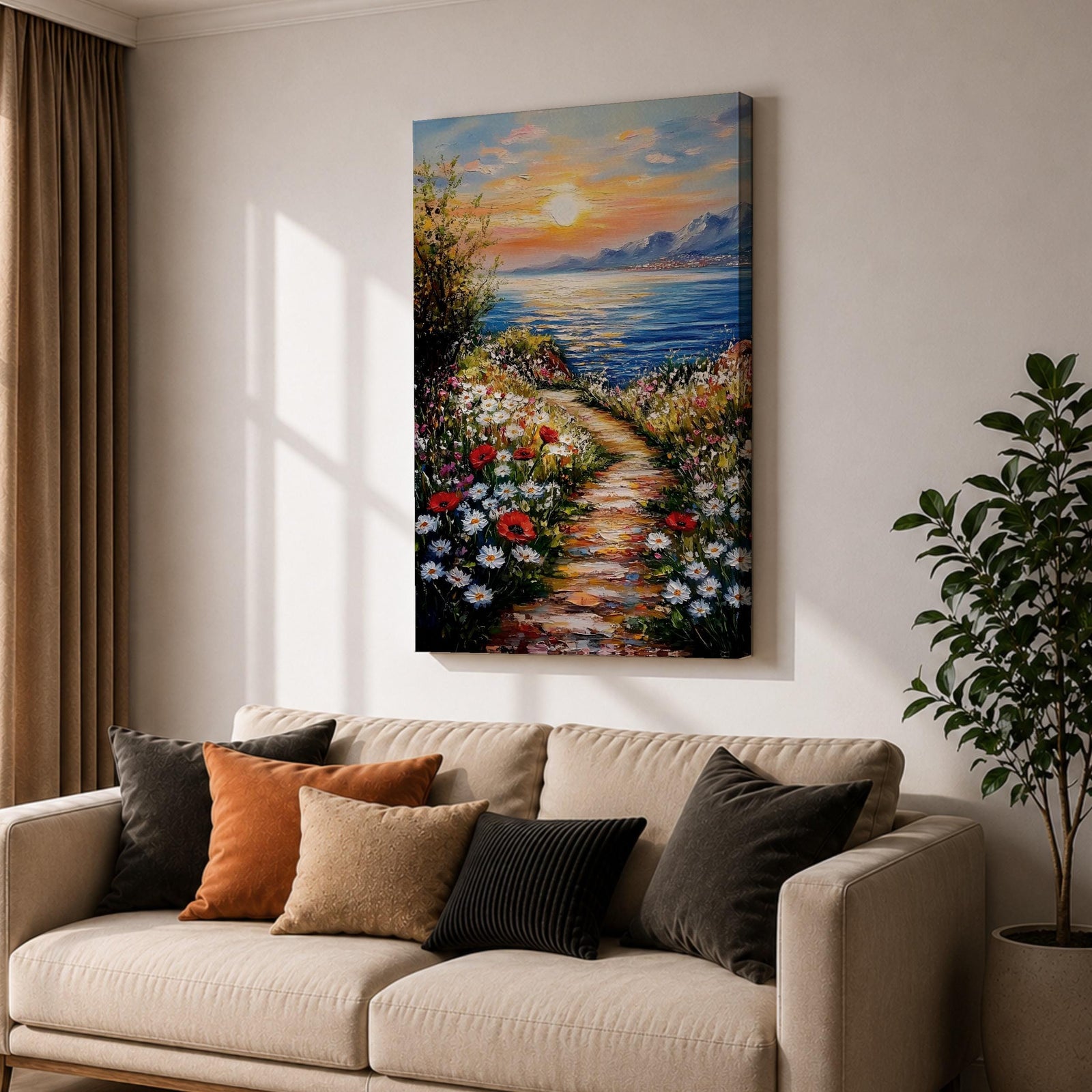 An impasto style framed canvas painting depicting a coastal sunset path bordered by vibrant wildflowers leading to a calm sea with distant mountains under a colorful sky. The textured brush strokes emphasize the natural landscape and seaside atmosphere.