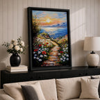 An impasto style framed canvas painting depicting a coastal sunset path bordered by vibrant wildflowers leading to a calm sea with distant mountains under a colorful sky. The textured brush strokes emphasize the natural landscape and seaside atmosphere.