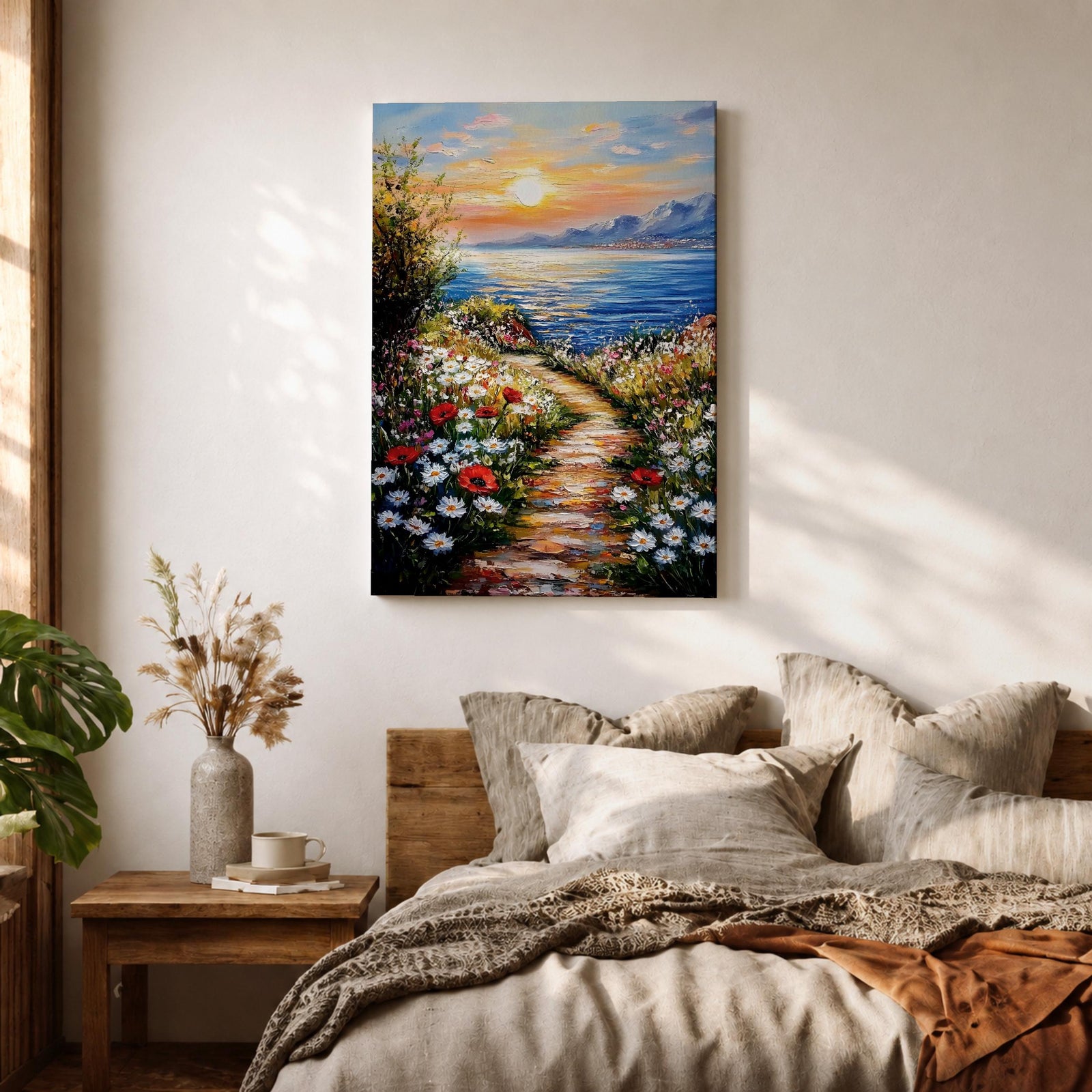 An impasto style framed canvas painting depicting a coastal sunset path bordered by vibrant wildflowers leading to a calm sea with distant mountains under a colorful sky. The textured brush strokes emphasize the natural landscape and seaside atmosphere.