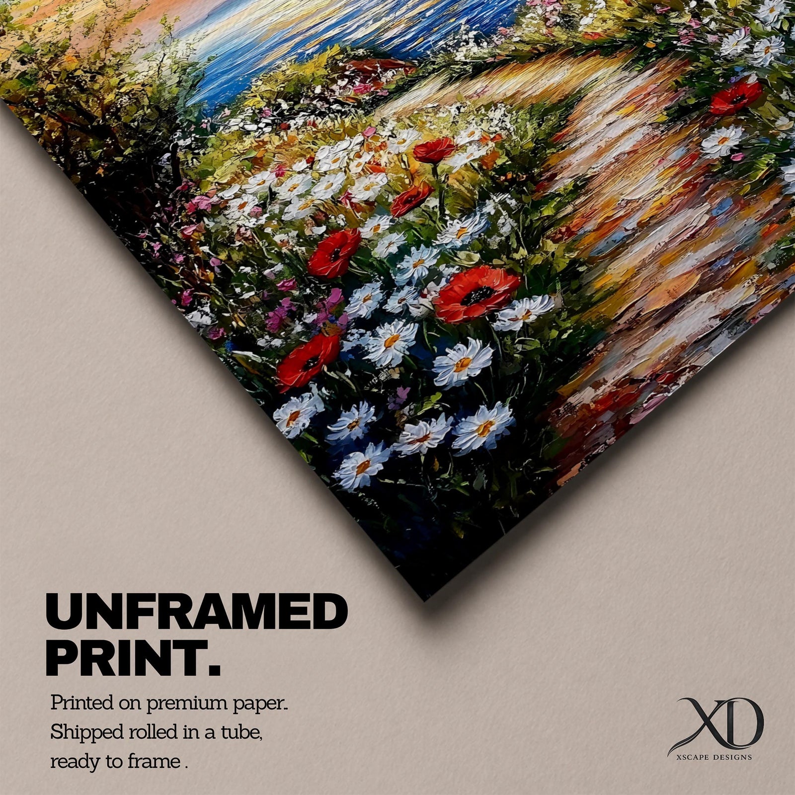 An impasto style framed canvas painting depicting a coastal sunset path bordered by vibrant wildflowers leading to a calm sea with distant mountains under a colorful sky. The textured brush strokes emphasize the natural landscape and seaside atmosphere.