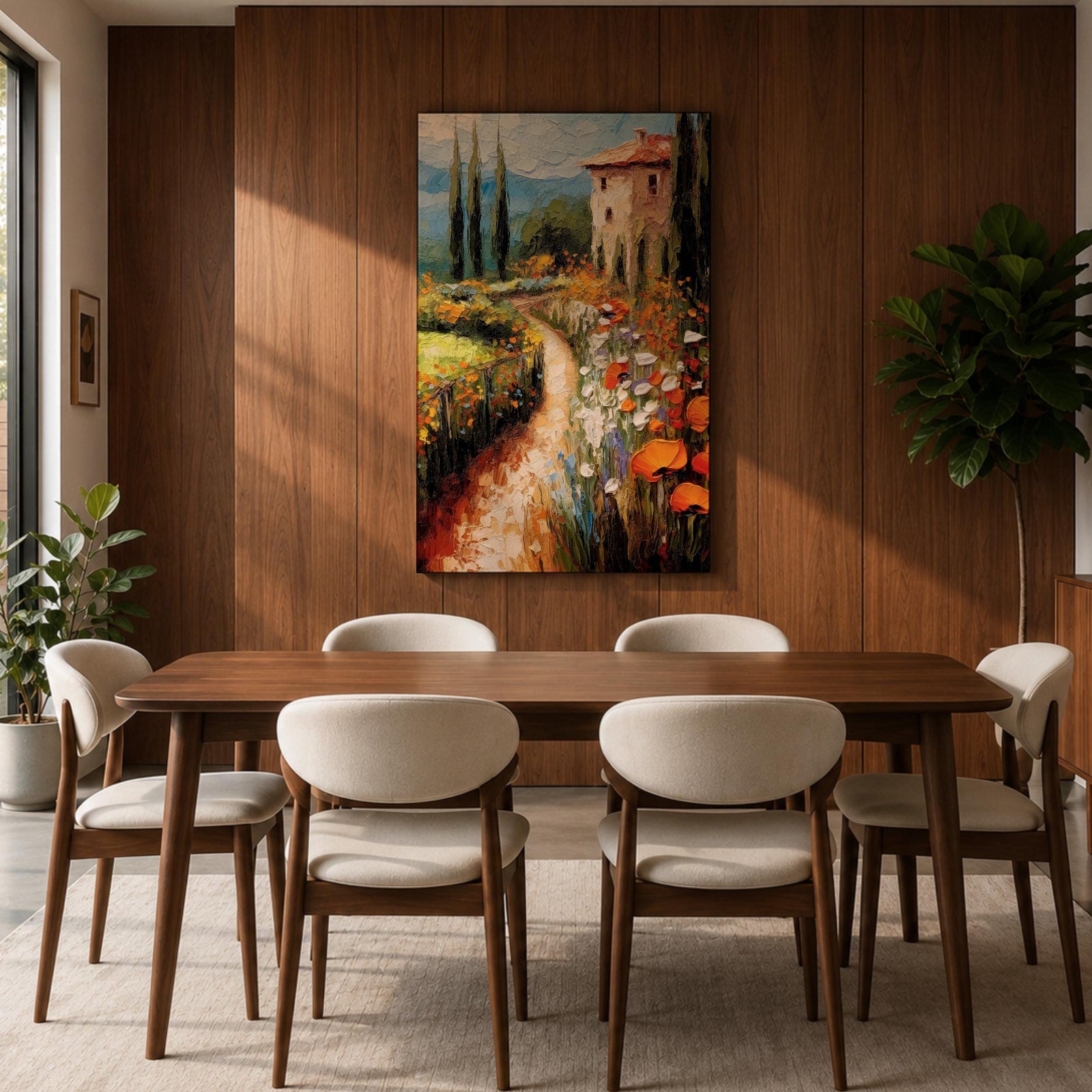 An impasto style painting depicting a winding path through a vibrant Italian countryside filled with tall cypress trees, colorful flowers, and a rustic villa with a terracotta roof, rendered with thick textured brushstrokes that emphasize the rich landscape and natural beauty.