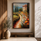 An impasto style painting depicting a winding path through a vibrant Italian countryside filled with tall cypress trees, colorful flowers, and a rustic villa with a terracotta roof, rendered with thick textured brushstrokes that emphasize the rich landscape and natural beauty.