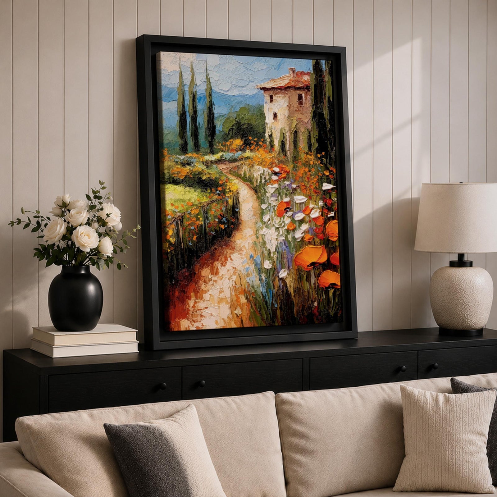 An impasto style painting depicting a winding path through a vibrant Italian countryside filled with tall cypress trees, colorful flowers, and a rustic villa with a terracotta roof, rendered with thick textured brushstrokes that emphasize the rich landscape and natural beauty.