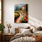 An impasto style painting depicting a winding path through a vibrant Italian countryside filled with tall cypress trees, colorful flowers, and a rustic villa with a terracotta roof, rendered with thick textured brushstrokes that emphasize the rich landscape and natural beauty.