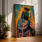 A vibrant pop art style depiction of Our Lady of Guadalupe featuring her iconic crowned figure with hands in prayer, radiant halo background, and detailed cloak adorned with stars, rendered in bold contrasting colors and modern graphic elements.