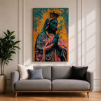 A vibrant pop art style depiction of Our Lady of Guadalupe featuring her iconic crowned figure with hands in prayer, radiant halo background, and detailed cloak adorned with stars, rendered in bold contrasting colors and modern graphic elements.