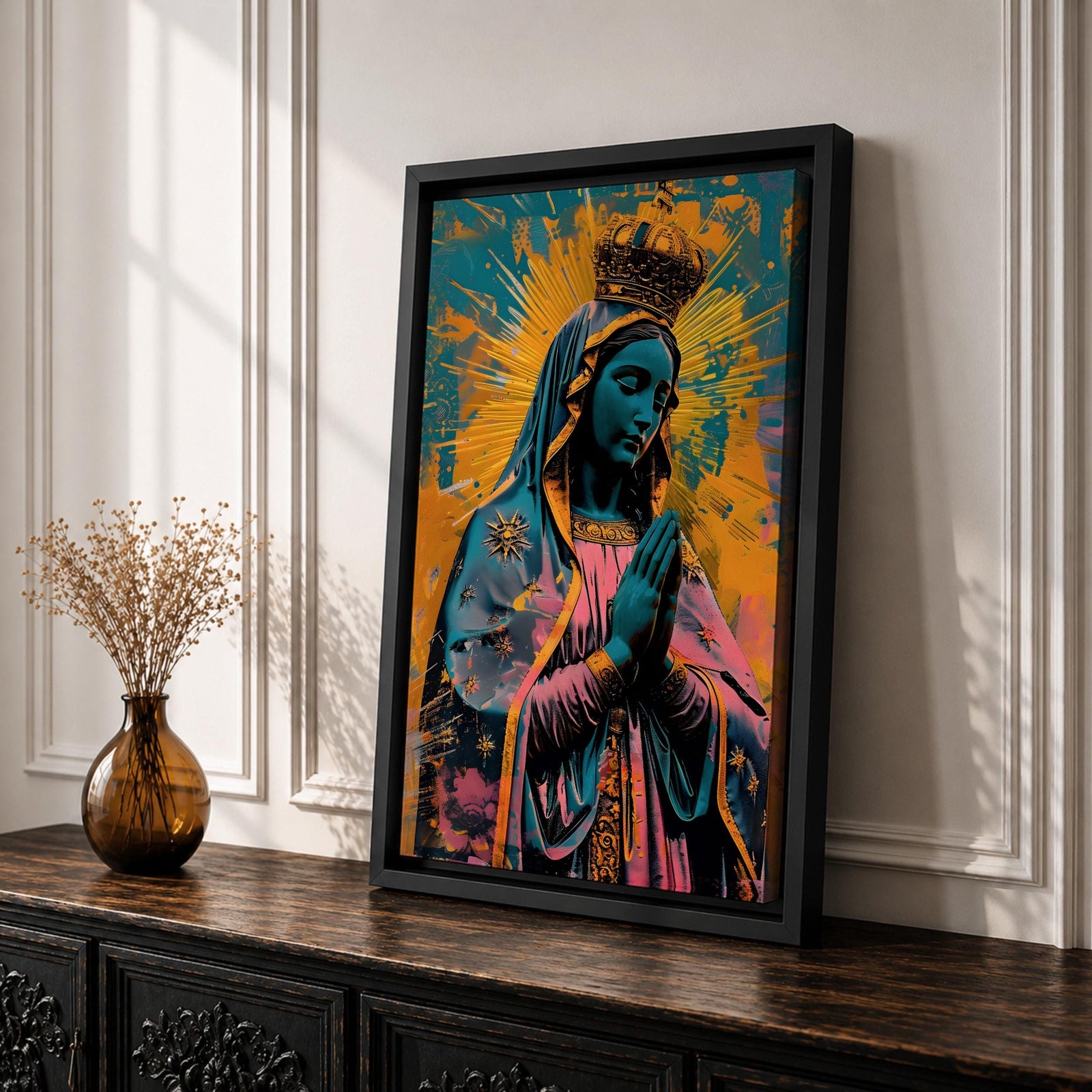 A vibrant pop art style depiction of Our Lady of Guadalupe featuring her iconic crowned figure with hands in prayer, radiant halo background, and detailed cloak adorned with stars, rendered in bold contrasting colors and modern graphic elements.