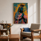 A vibrant pop art style depiction of Our Lady of Guadalupe featuring her iconic crowned figure with hands in prayer, radiant halo background, and detailed cloak adorned with stars, rendered in bold contrasting colors and modern graphic elements.