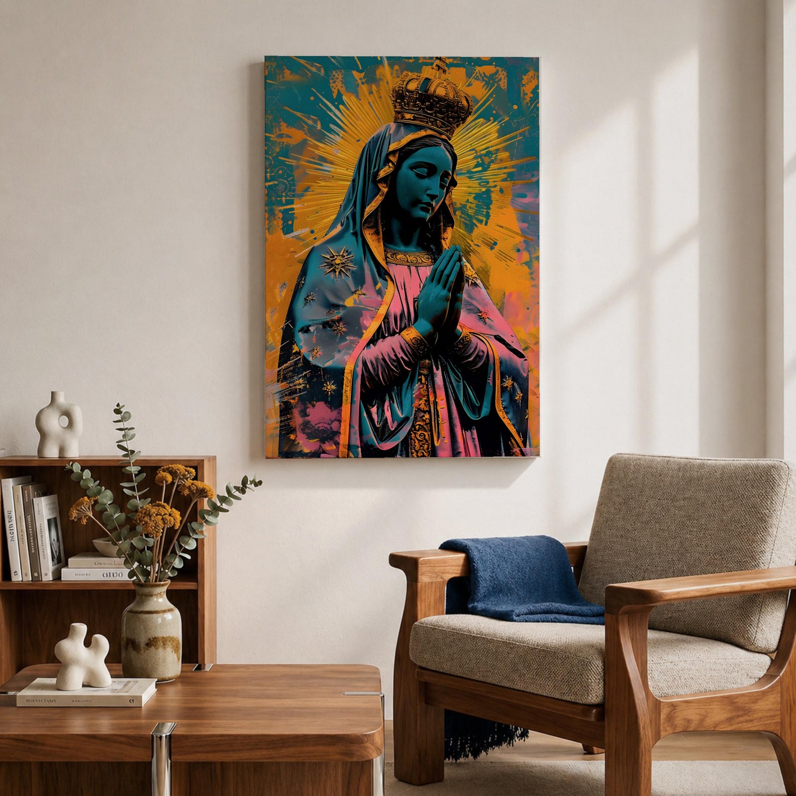 A vibrant pop art style depiction of Our Lady of Guadalupe featuring her iconic crowned figure with hands in prayer, radiant halo background, and detailed cloak adorned with stars, rendered in bold contrasting colors and modern graphic elements.
