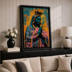 A vibrant pop art style depiction of Our Lady of Guadalupe featuring her iconic crowned figure with hands in prayer, radiant halo background, and detailed cloak adorned with stars, rendered in bold contrasting colors and modern graphic elements.