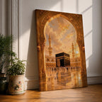 A detailed artwork depicting the Kaaba in Mecca framed by an ornate archway, showing pilgrims circling the black cube structure with minarets and a dramatic sky in the background, rendered in a realistic style capturing architectural and cultural elements.