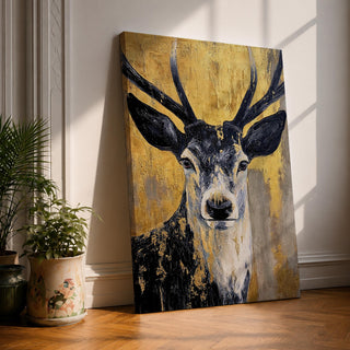A textured impasto painting of a deer with prominent antlers and expressive eyes set against a gold and gray background. The artwork features thick brushstrokes and a bold contrast between dark and light areas, emphasizing the animal’s face and upper body in a striking, modern style.