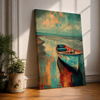 Transform your space with this Boat Wall Art, featuring a weathered blue fishing boat resting along a tranquil shoreline with vibrant coastal reflections. Rich abstract textures and calming ocean hues create a timeless canvas print for beach houses, lake homes, and coastal-inspired interiors.