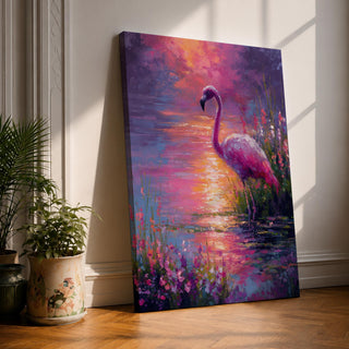 This impasto style painting features a flamingo standing gracefully by the water’s edge surrounded by lush tropical flowers. The vibrant brushstrokes create a textured, colorful scene capturing the bird’s elegant posture and the reflective water surface in a vivid animal-themed composition.