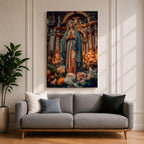 A detailed framed canvas print depicting Our Lady of Lourdes, showing the Virgin Mary in a traditional pose with hands clasped in prayer, wearing a flowing robe and veil, set against a softly blurred background of candles and floral elements, emphasizing religious devotion and reverence.