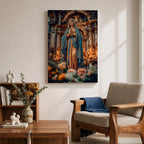 A detailed framed canvas print depicting Our Lady of Lourdes, showing the Virgin Mary in a traditional pose with hands clasped in prayer, wearing a flowing robe and veil, set against a softly blurred background of candles and floral elements, emphasizing religious devotion and reverence.