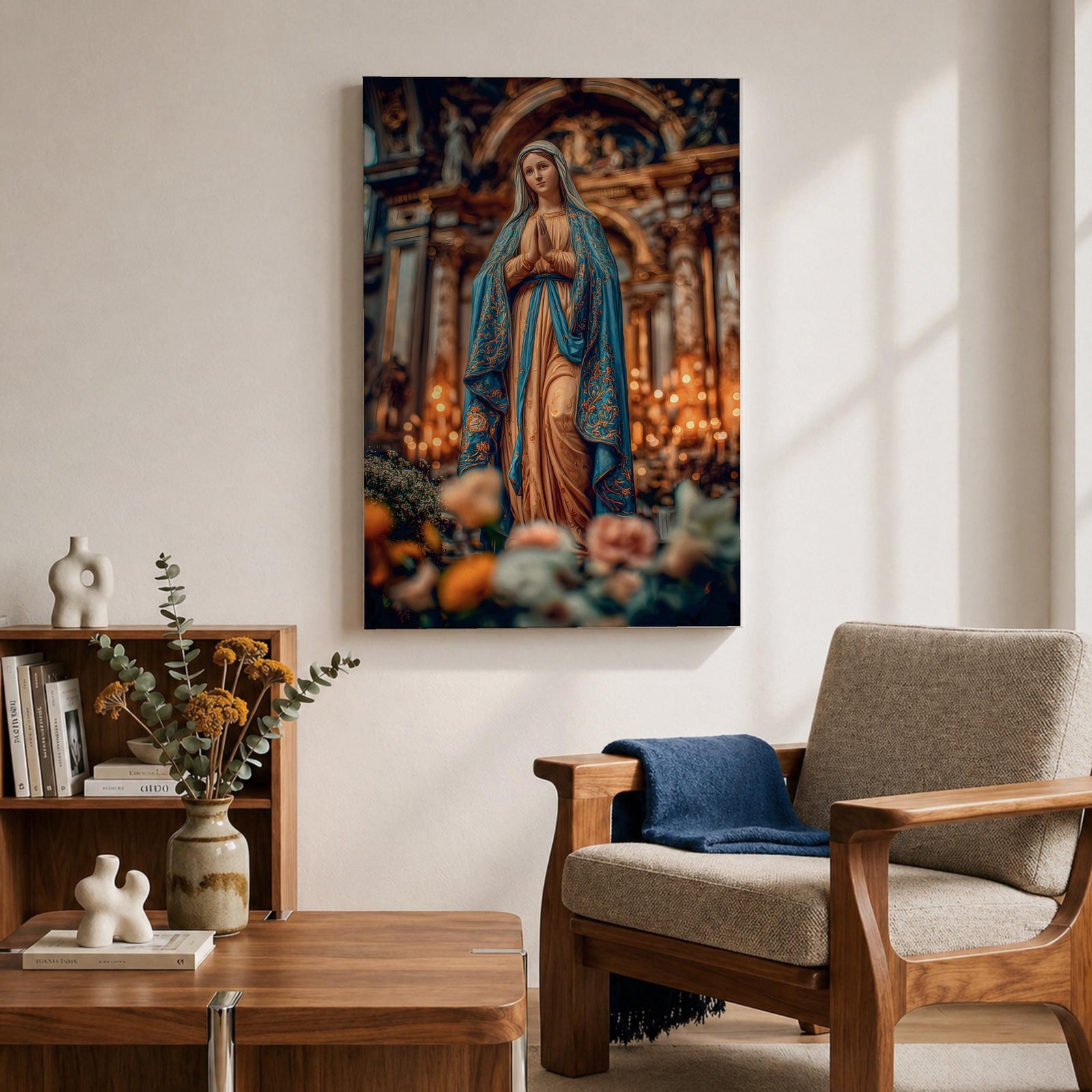 A detailed framed canvas print depicting Our Lady of Lourdes, showing the Virgin Mary in a traditional pose with hands clasped in prayer, wearing a flowing robe and veil, set against a softly blurred background of candles and floral elements, emphasizing religious devotion and reverence.