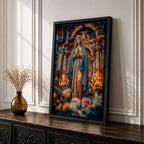 A detailed framed canvas print depicting Our Lady of Lourdes, showing the Virgin Mary in a traditional pose with hands clasped in prayer, wearing a flowing robe and veil, set against a softly blurred background of candles and floral elements, emphasizing religious devotion and reverence.