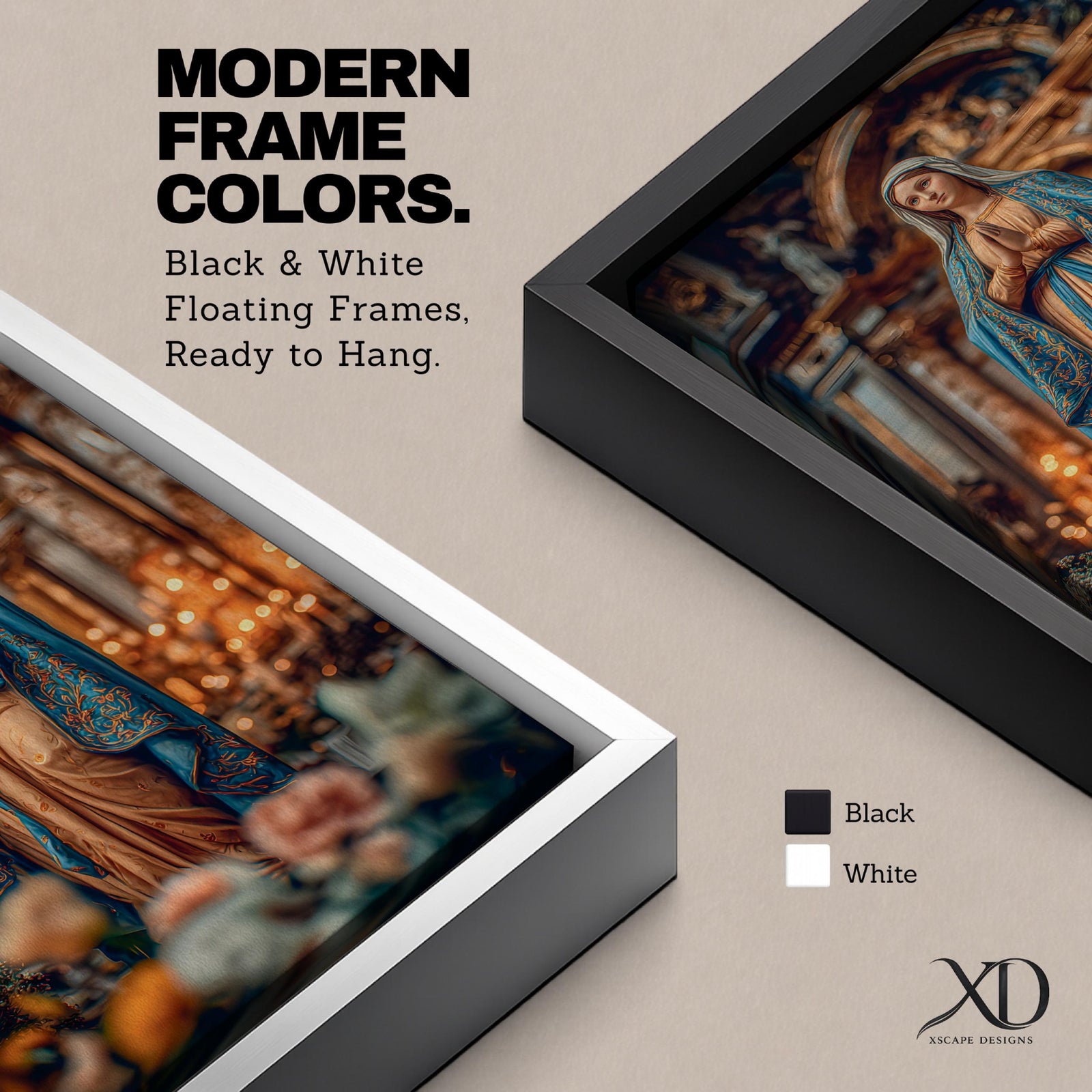A detailed framed canvas print depicting Our Lady of Lourdes, showing the Virgin Mary in a traditional pose with hands clasped in prayer, wearing a flowing robe and veil, set against a softly blurred background of candles and floral elements, emphasizing religious devotion and reverence.