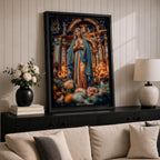 A detailed framed canvas print depicting Our Lady of Lourdes, showing the Virgin Mary in a traditional pose with hands clasped in prayer, wearing a flowing robe and veil, set against a softly blurred background of candles and floral elements, emphasizing religious devotion and reverence.