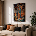 A detailed framed canvas print depicting Our Lady of Lourdes, showing the Virgin Mary in a traditional pose with hands clasped in prayer, wearing a flowing robe and veil, set against a softly blurred background of candles and floral elements, emphasizing religious devotion and reverence.