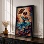 A flamenco dancer in a flowing teal dress spins with one arm raised holding a decorative fan, her layered skirt sweeping outward in dynamic motion with vivid strokes of red, gold, and blue, while floral accents in her hair and expressive posture enhance the rhythm and energy of the richly textured composition.