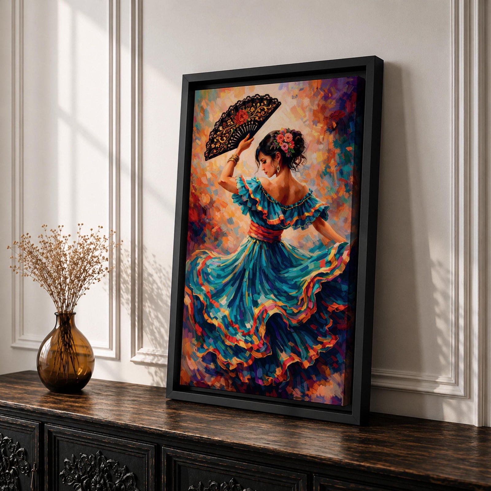 A flamenco dancer in a flowing teal dress spins with one arm raised holding a decorative fan, her layered skirt sweeping outward in dynamic motion with vivid strokes of red, gold, and blue, while floral accents in her hair and expressive posture enhance the rhythm and energy of the richly textured composition.