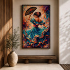 A flamenco dancer in a flowing teal dress spins with one arm raised holding a decorative fan, her layered skirt sweeping outward in dynamic motion with vivid strokes of red, gold, and blue, while floral accents in her hair and expressive posture enhance the rhythm and energy of the richly textured composition.