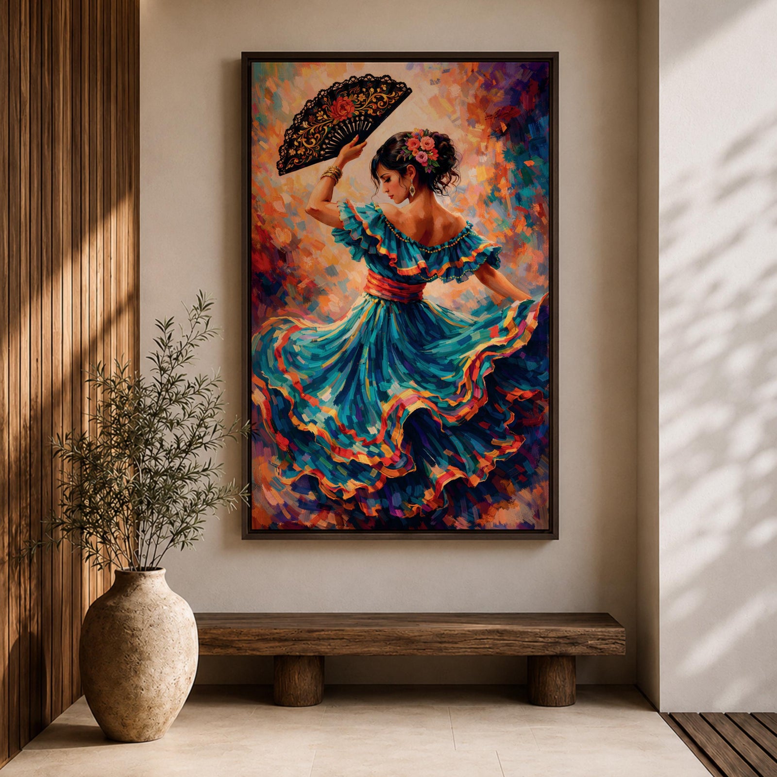 A flamenco dancer in a flowing teal dress spins with one arm raised holding a decorative fan, her layered skirt sweeping outward in dynamic motion with vivid strokes of red, gold, and blue, while floral accents in her hair and expressive posture enhance the rhythm and energy of the richly textured composition.