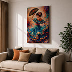 A flamenco dancer in a flowing teal dress spins with one arm raised holding a decorative fan, her layered skirt sweeping outward in dynamic motion with vivid strokes of red, gold, and blue, while floral accents in her hair and expressive posture enhance the rhythm and energy of the richly textured composition.