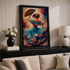 A flamenco dancer in a flowing teal dress spins with one arm raised holding a decorative fan, her layered skirt sweeping outward in dynamic motion with vivid strokes of red, gold, and blue, while floral accents in her hair and expressive posture enhance the rhythm and energy of the richly textured composition.