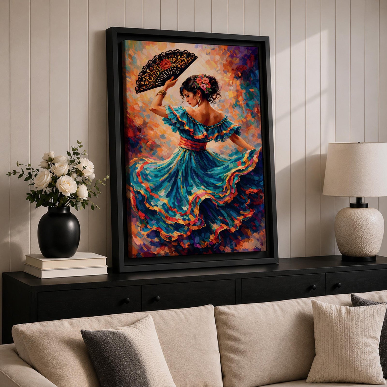 A flamenco dancer in a flowing teal dress spins with one arm raised holding a decorative fan, her layered skirt sweeping outward in dynamic motion with vivid strokes of red, gold, and blue, while floral accents in her hair and expressive posture enhance the rhythm and energy of the richly textured composition.