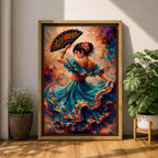 A flamenco dancer in a flowing teal dress spins with one arm raised holding a decorative fan, her layered skirt sweeping outward in dynamic motion with vivid strokes of red, gold, and blue, while floral accents in her hair and expressive posture enhance the rhythm and energy of the richly textured composition.