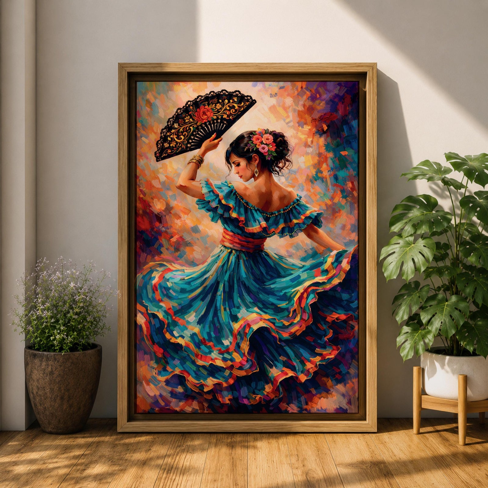 A flamenco dancer in a flowing teal dress spins with one arm raised holding a decorative fan, her layered skirt sweeping outward in dynamic motion with vivid strokes of red, gold, and blue, while floral accents in her hair and expressive posture enhance the rhythm and energy of the richly textured composition.