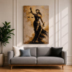 A textured painting of Lady Justice, blindfolded and holding balanced scales in one hand and a sword in the other, rendered in dark and golden tones with a flowing gown, symbolizing fairness and law in a classic justice theme.