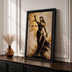 A textured painting of Lady Justice, blindfolded and holding balanced scales in one hand and a sword in the other, rendered in dark and golden tones with a flowing gown, symbolizing fairness and law in a classic justice theme.