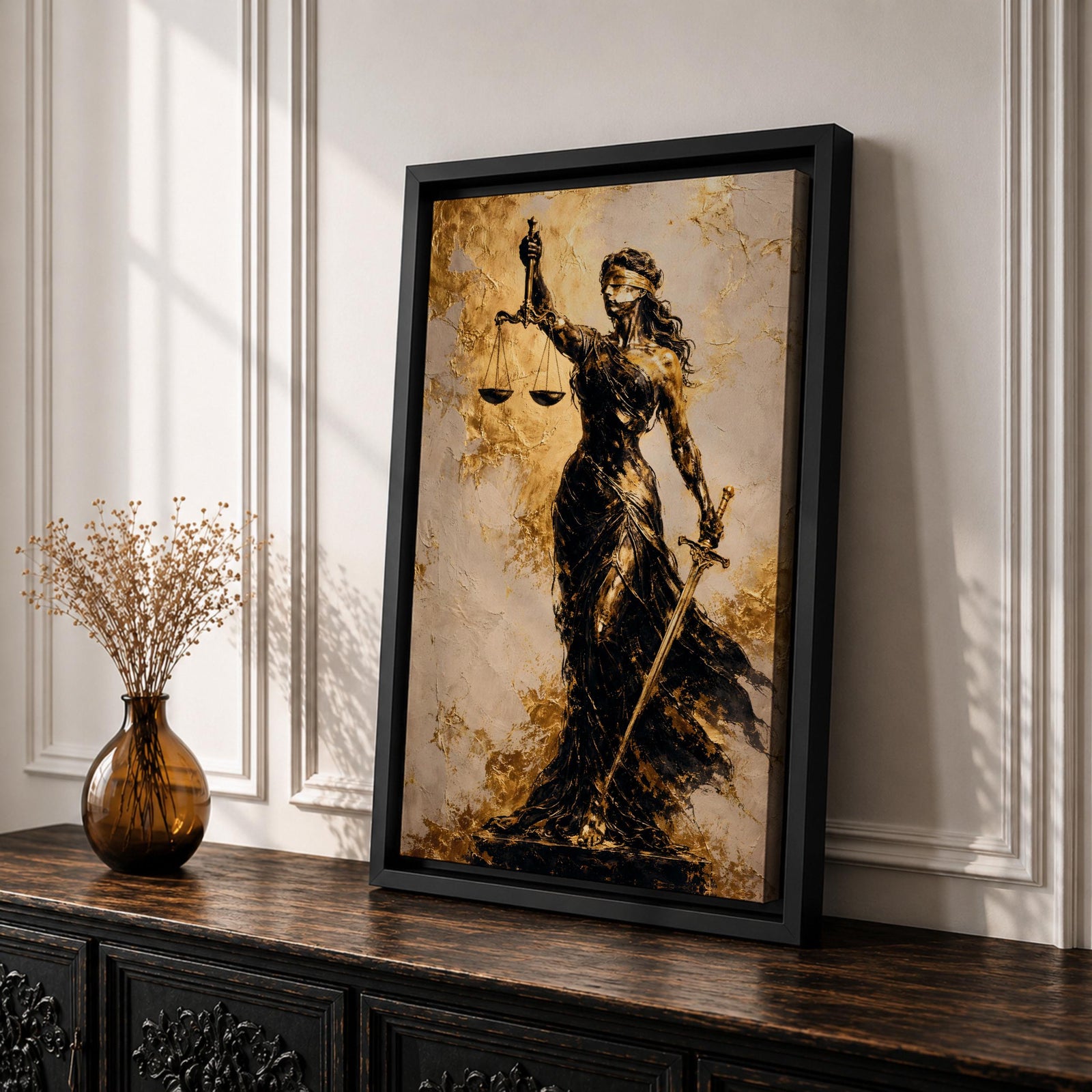 A textured painting of Lady Justice, blindfolded and holding balanced scales in one hand and a sword in the other, rendered in dark and golden tones with a flowing gown, symbolizing fairness and law in a classic justice theme.