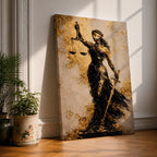 A textured painting of Lady Justice, blindfolded and holding balanced scales in one hand and a sword in the other, rendered in dark and golden tones with a flowing gown, symbolizing fairness and law in a classic justice theme.