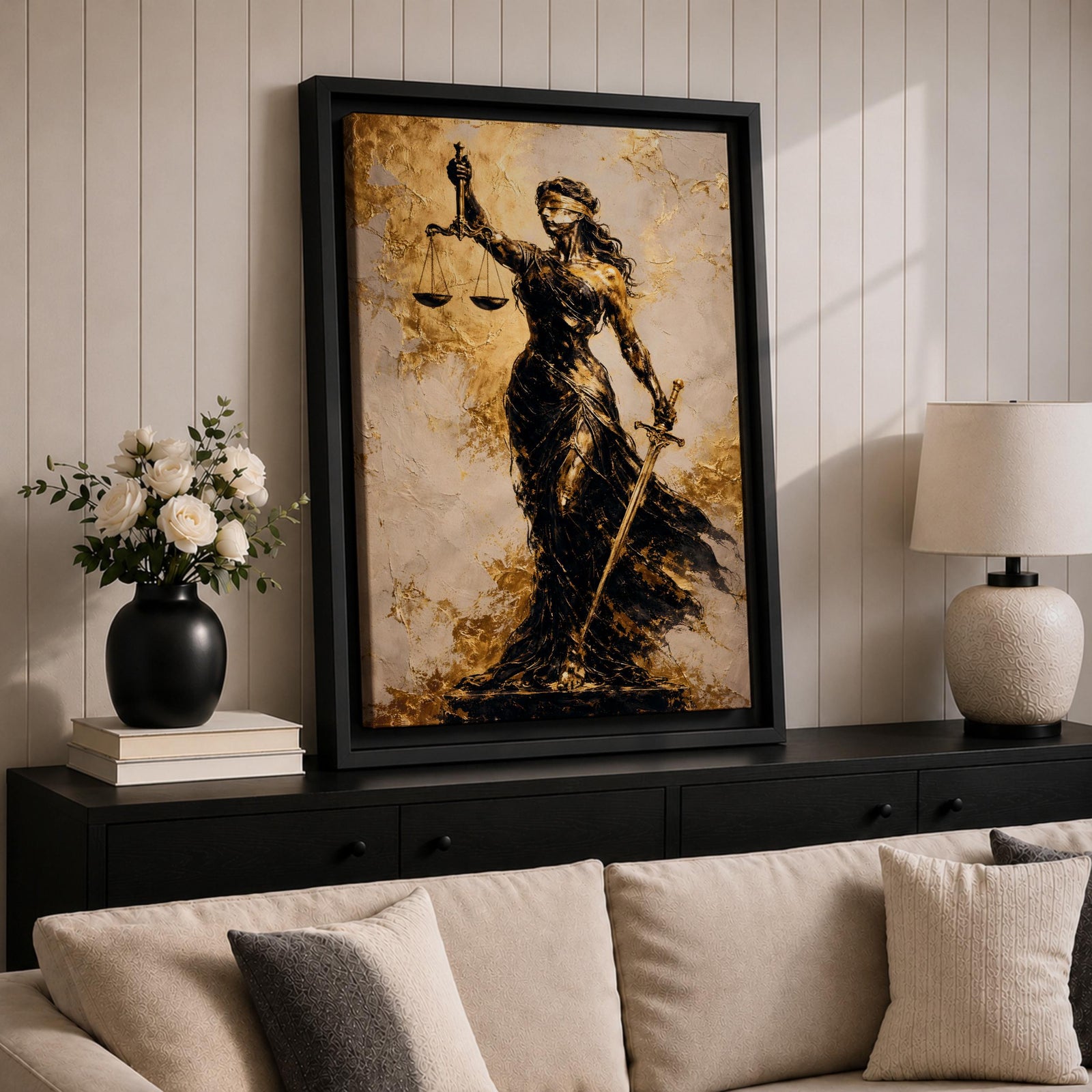 A textured painting of Lady Justice, blindfolded and holding balanced scales in one hand and a sword in the other, rendered in dark and golden tones with a flowing gown, symbolizing fairness and law in a classic justice theme.